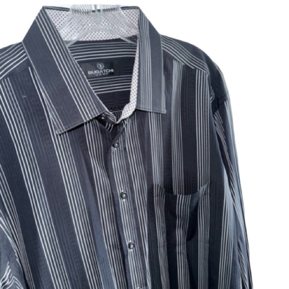 Bugatchi Uomo Black White Striped Flip Cuff Cotton Button Up Shirt XXL Pocket - Picture 3 of 11